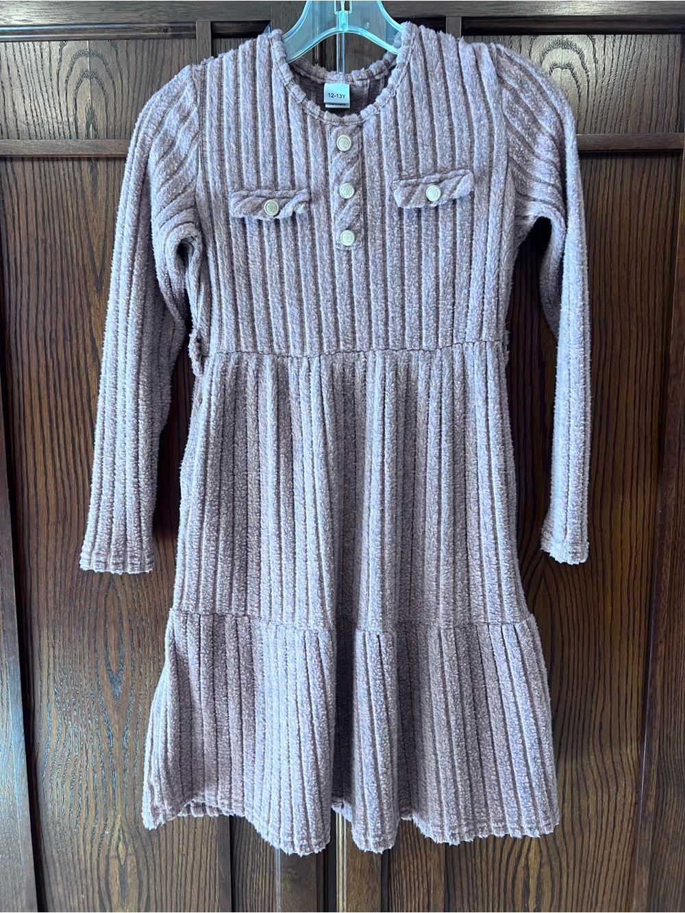 YOVION Girls Ribbed Knit Sweater Dress Mauve Pink Long Sleeve SZ 12-13 Y Pocket